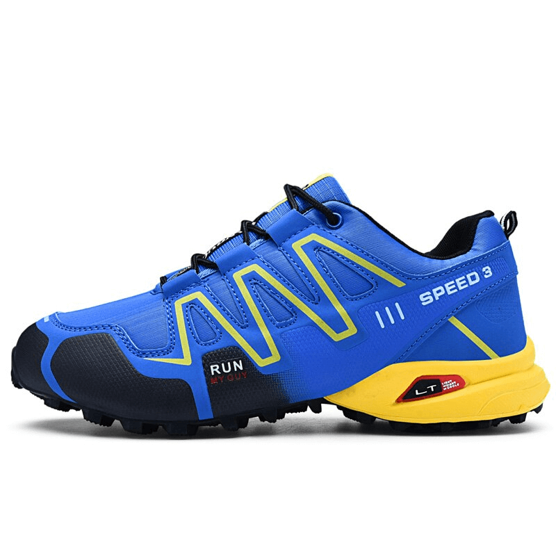Blue waterproof non-slip men's sneaker with yellow accents and EVA outsole, perfect for sports and casual wear.